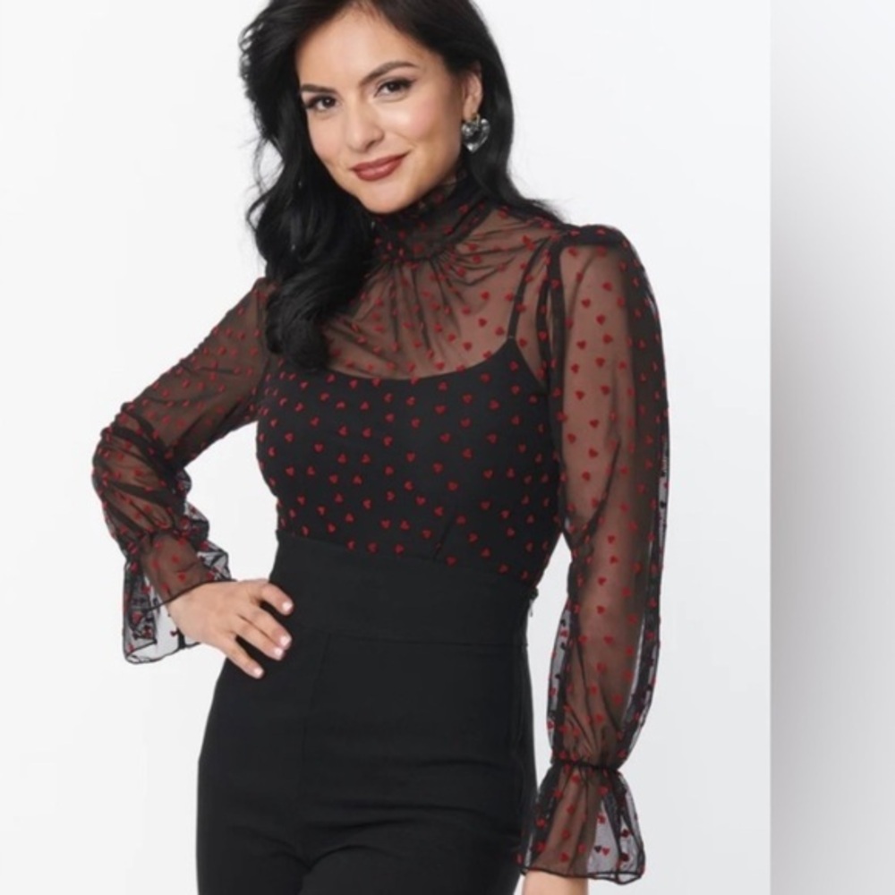 Unique Vintage Black Sheer Blouse with Red Hearts S 4